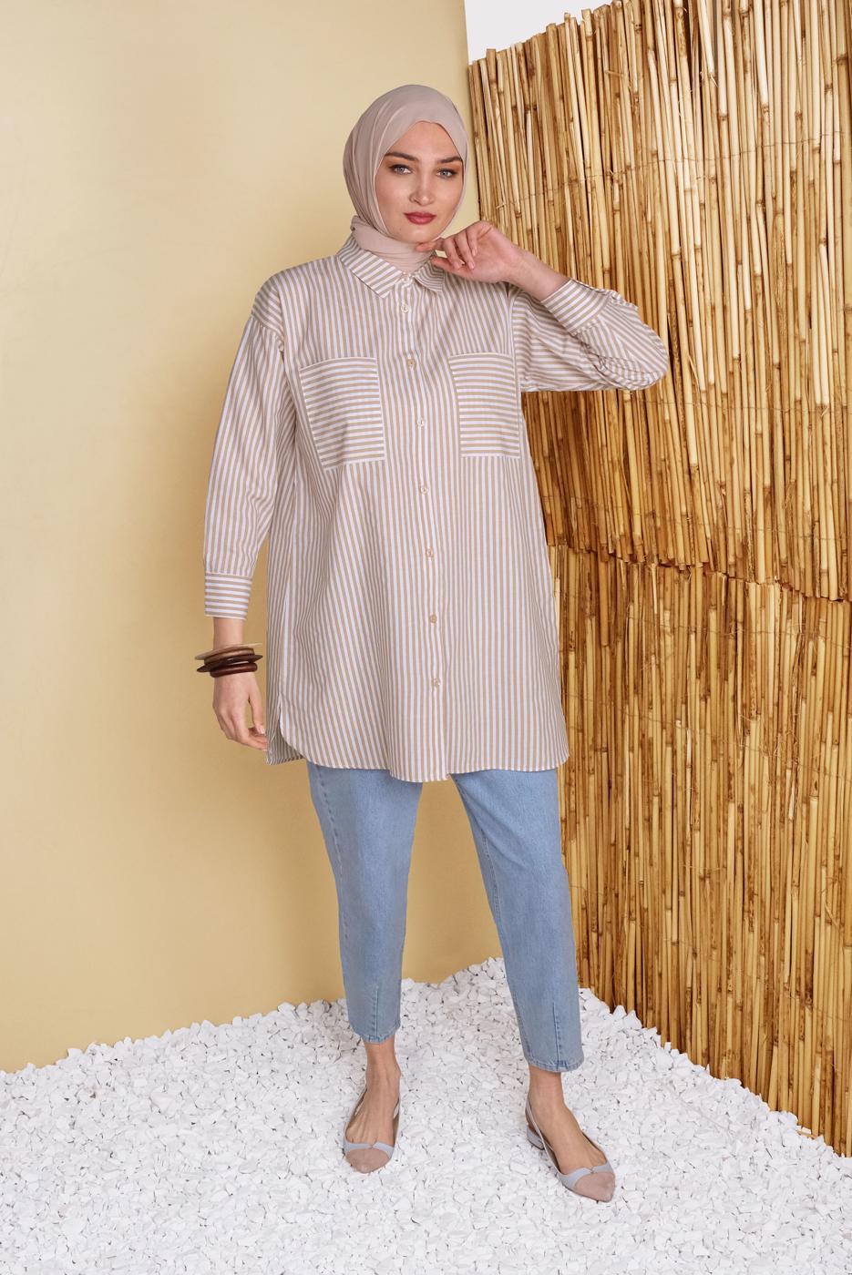 Vêtements hijab BRUN TUNIQUE À RAYURES DÉTAIL POCHE 8872
