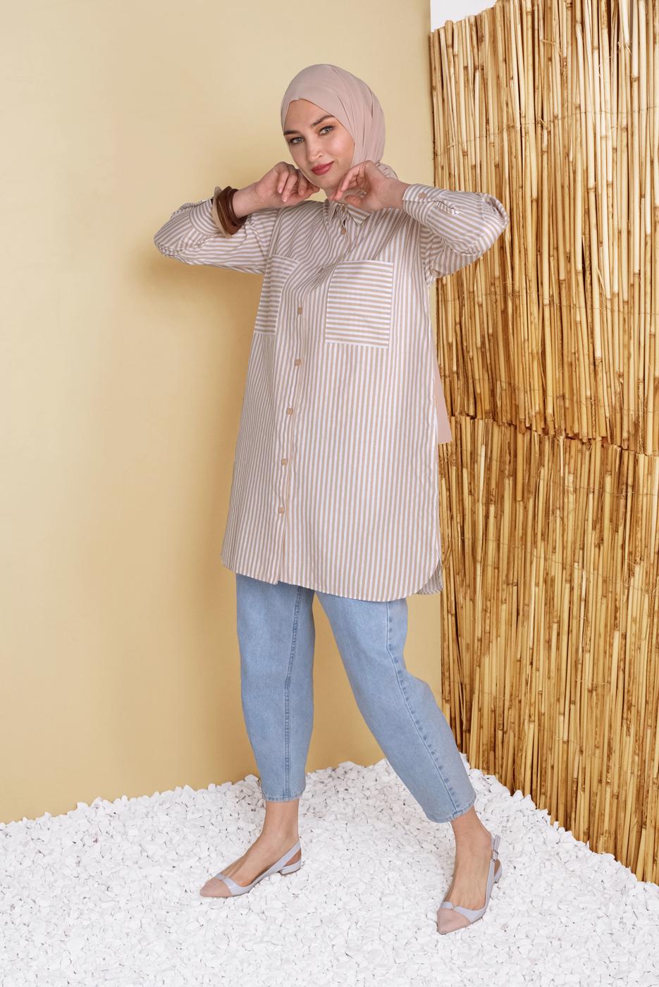 Vêtements hijab BRUN TUNIQUE À RAYURES DÉTAIL POCHE 8872