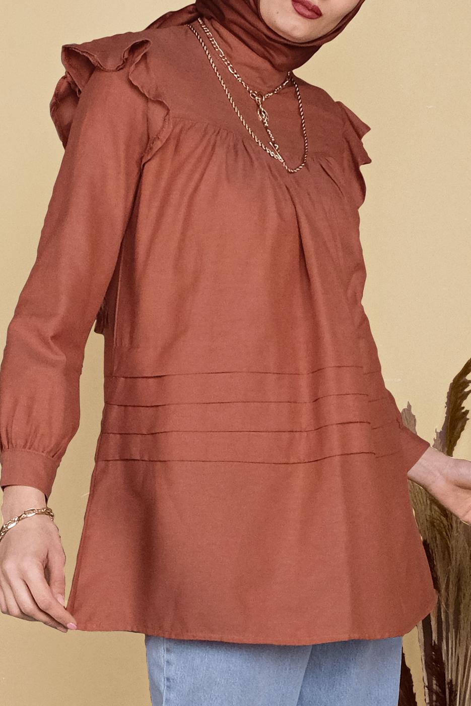 Hijab clothing BROWN FRILLED TUNIC 00001 