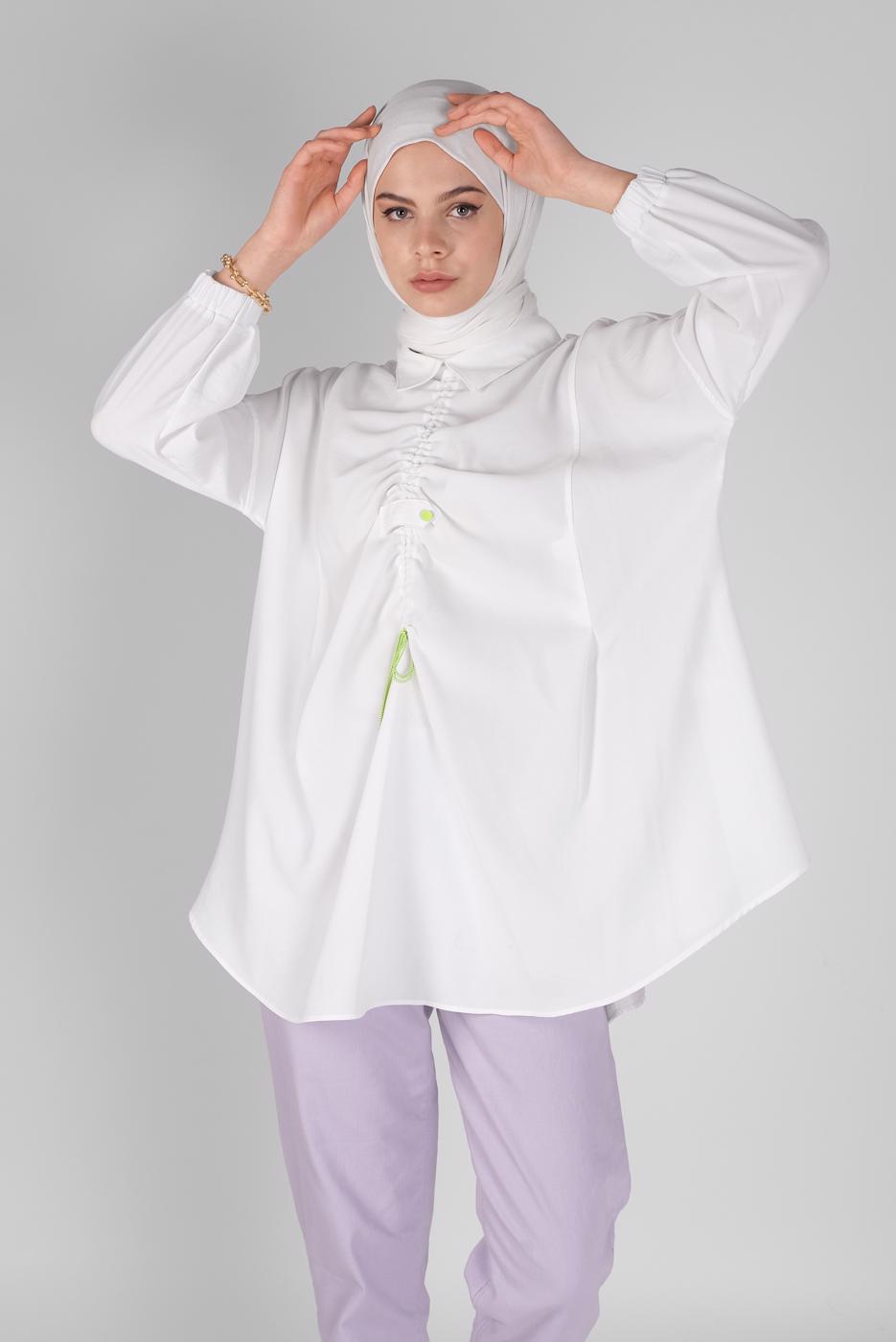 Tesettür giyim BEYAZ BÜZGÜLÜ SALAŞ TUNİK 14012 