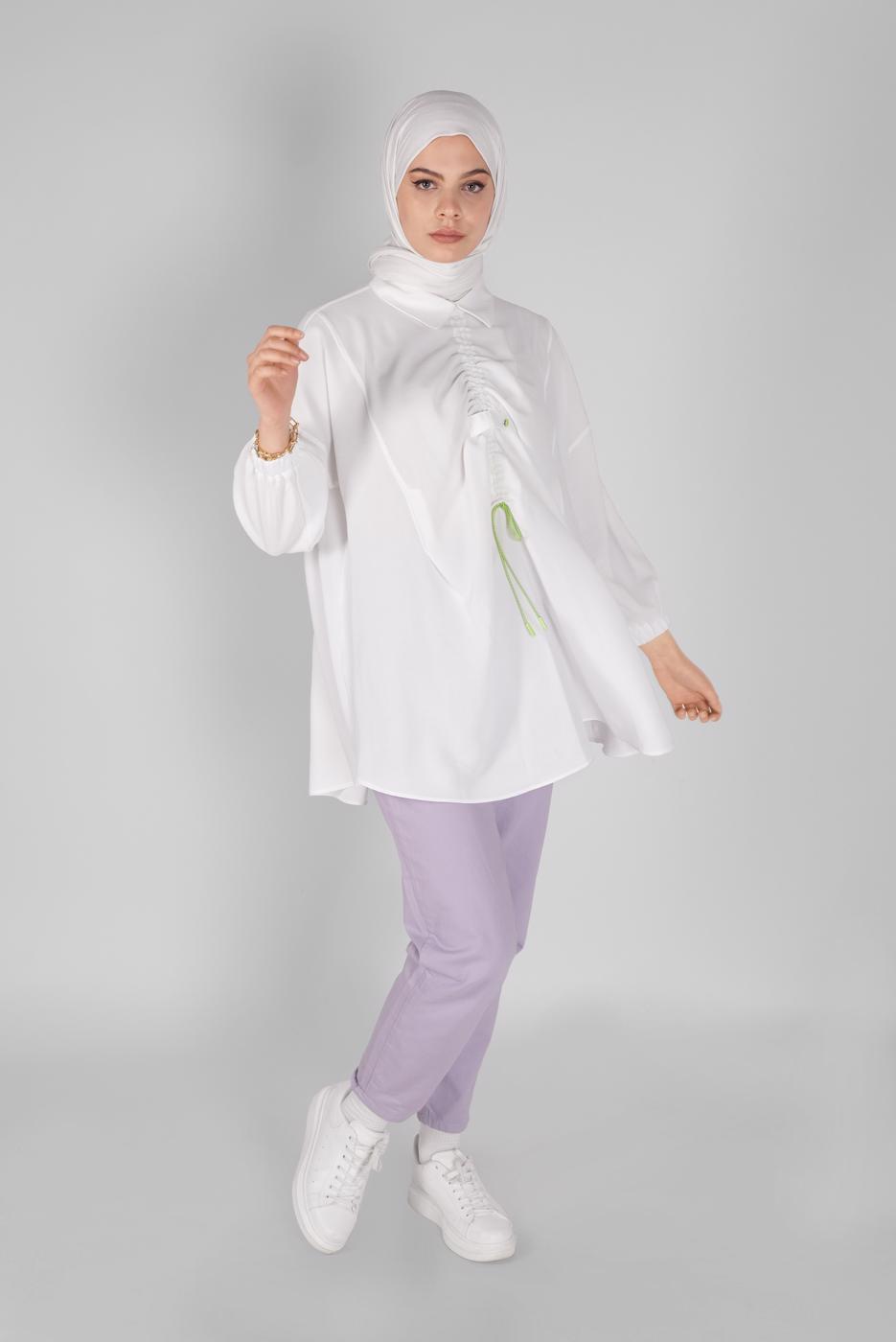 Tesettür giyim BEYAZ BÜZGÜLÜ SALAŞ TUNİK 14012 