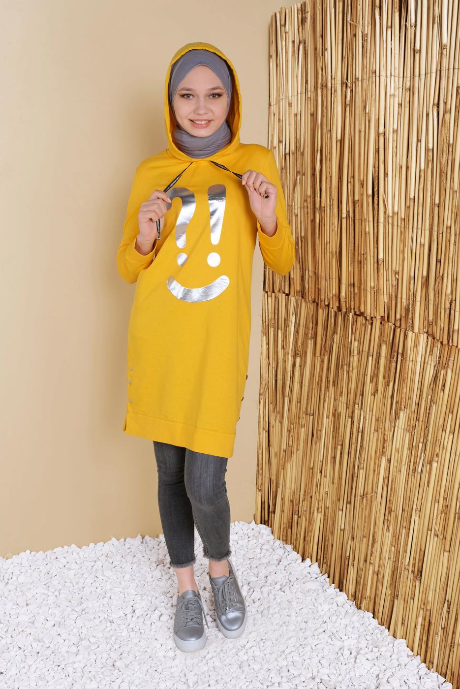 Hijab clothing YELLOW HOODED PRINTED TUNIC 27181 