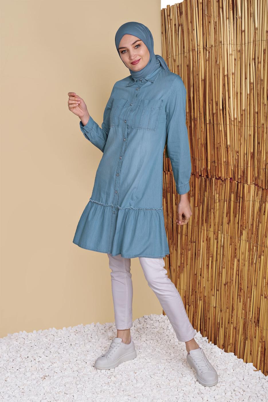 Vêtements hijab BLEU MARINE TUNIQUE EN DENIM COEUR FLORAL 30001