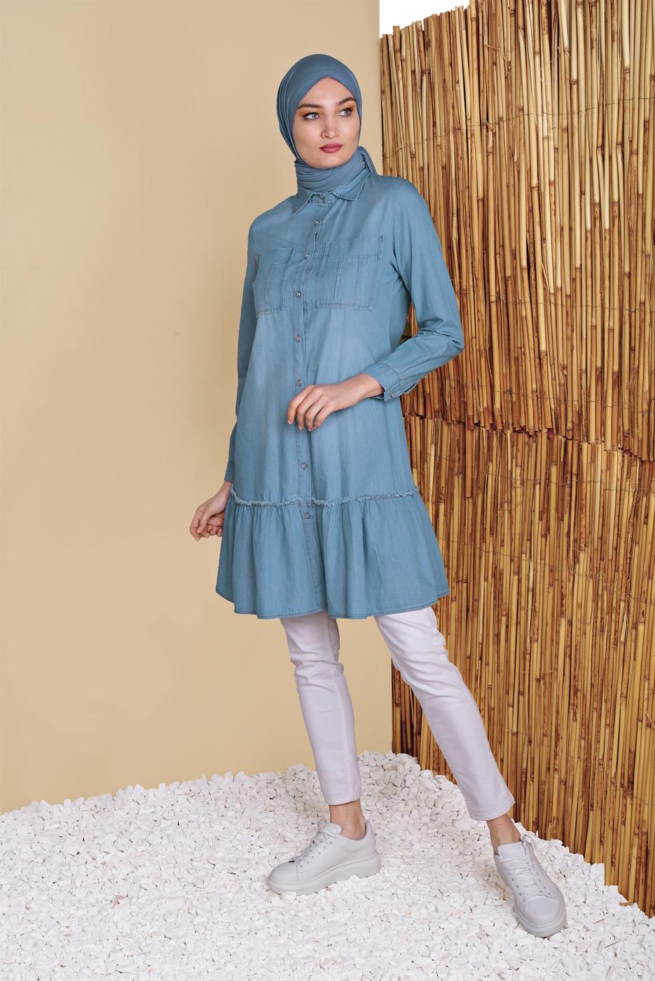 Vêtements hijab BLEU MARINE TUNIQUE EN DENIM COEUR FLORAL 30001