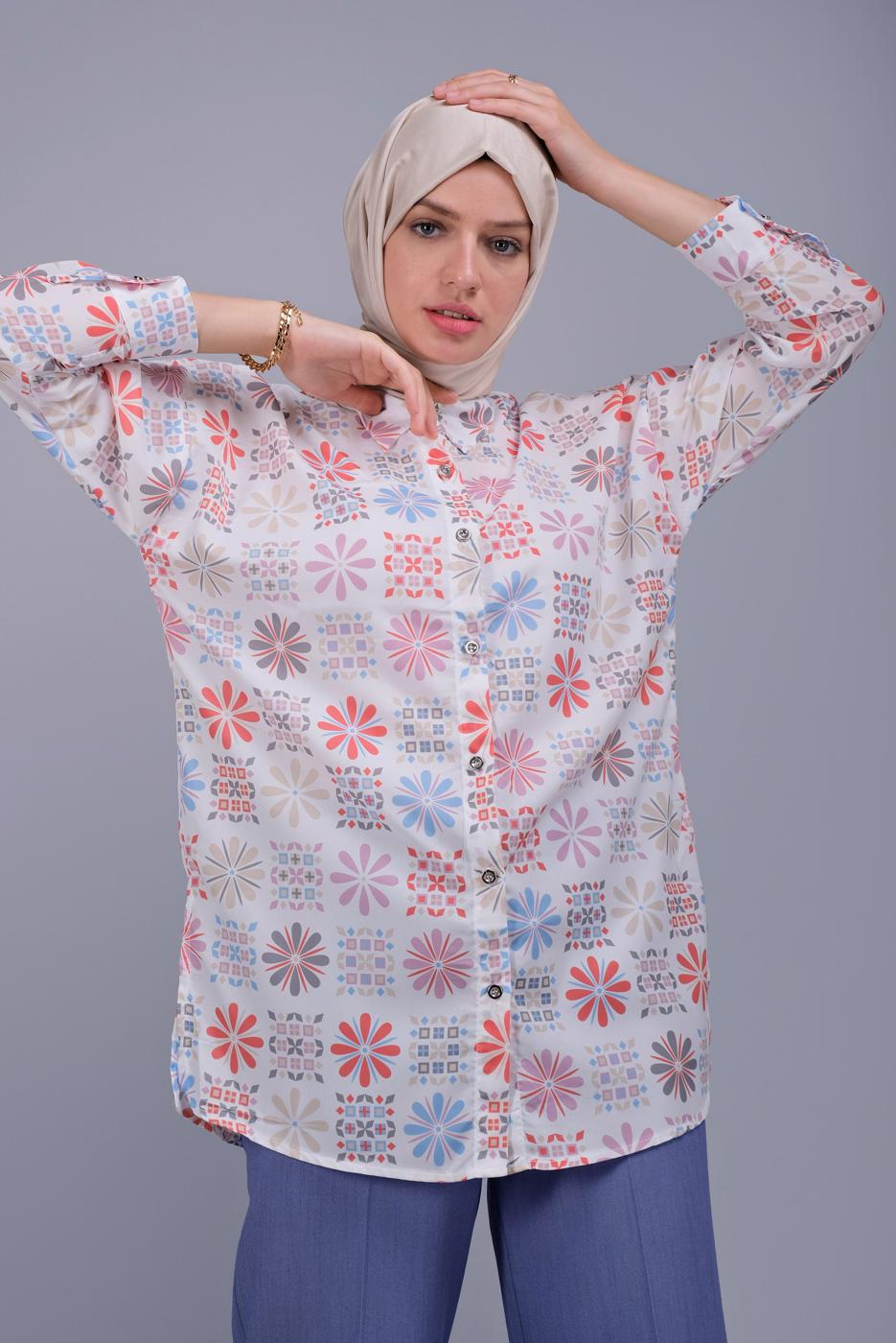 Vêtements hijab BEIGE TUNIQUE À MOTIFS DE COULEURS MÉLANGÉES 341-1