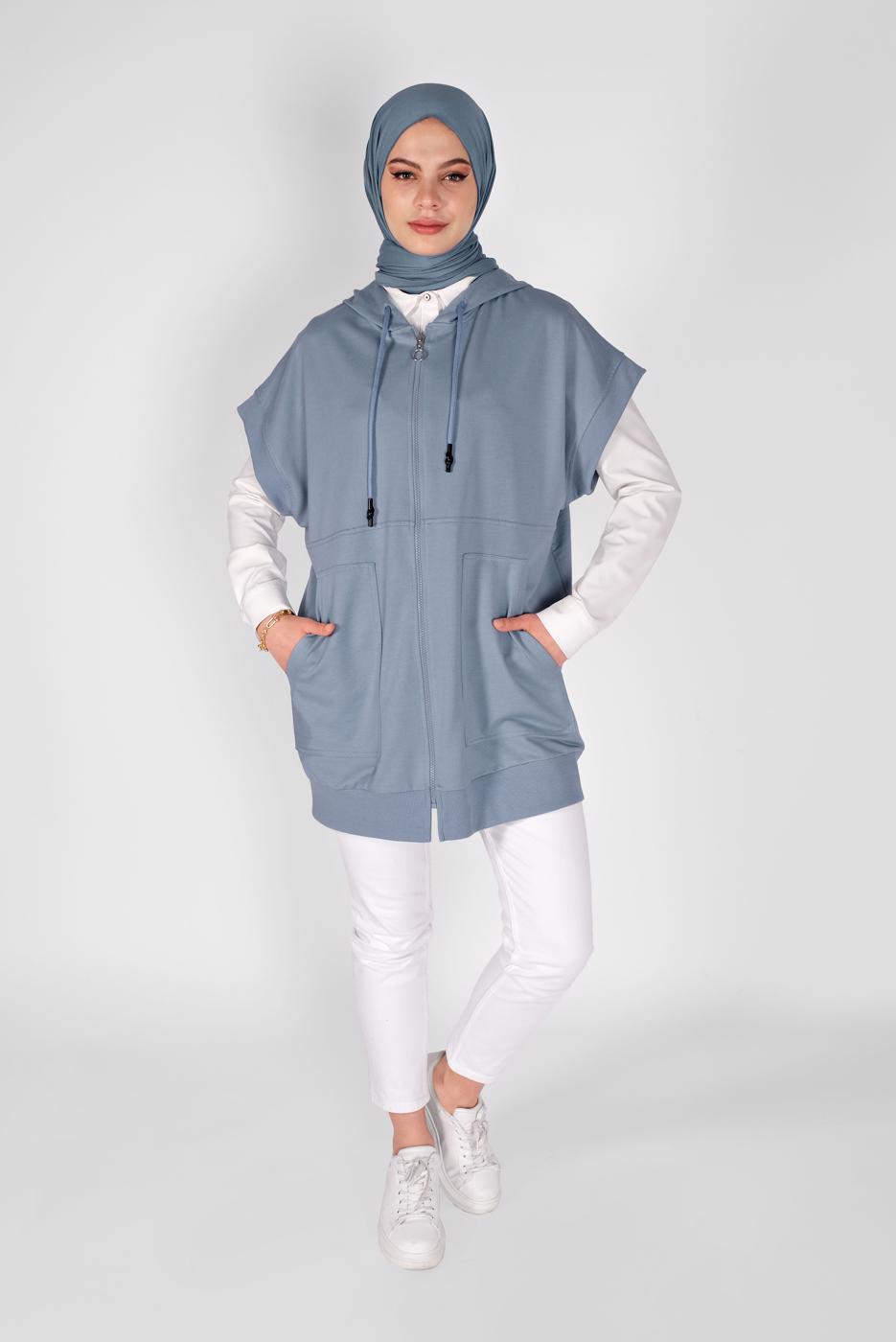 Tesettür giyim MAVİ KOLSUZ FERMUARLI TUNİK  36012 