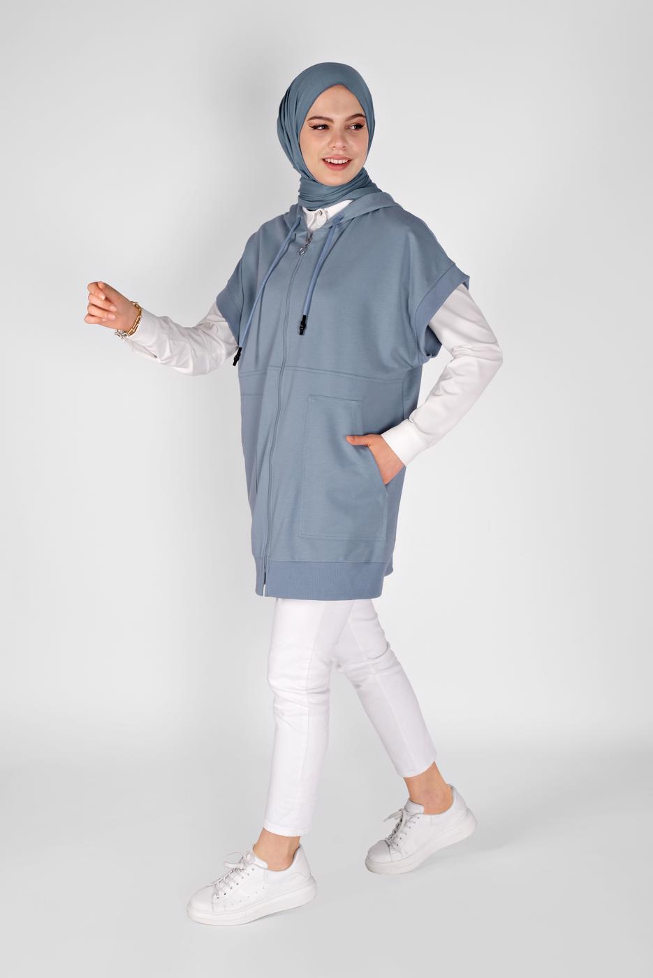 Tesettür giyim MAVİ KOLSUZ FERMUARLI TUNİK  36012 