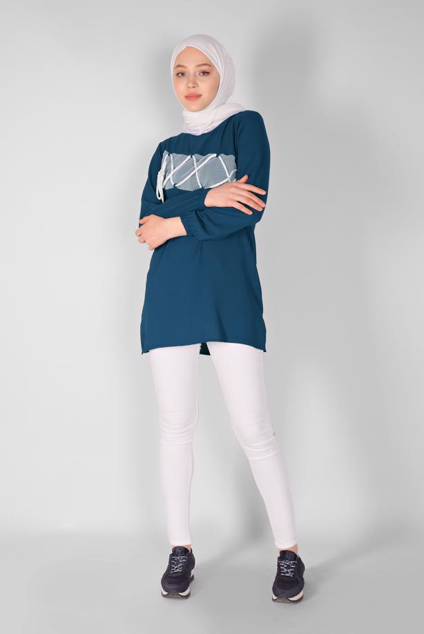 Tesettür giyim  FİLE VE BAĞCIK DETAYLI TUNİK 54287  - TRENDTESETTÜR