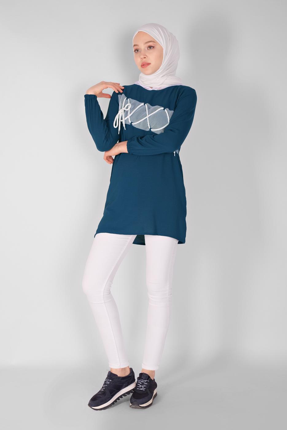 Tesettür giyim LACİVERT FİLE VE BAĞCIK DETAYLI TUNİK 54287 