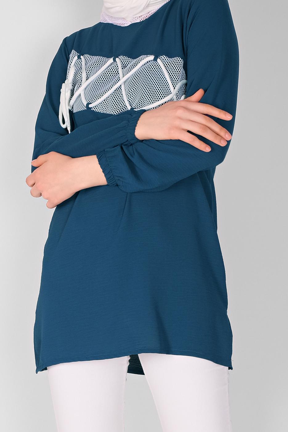 Tesettür giyim LACİVERT FİLE VE BAĞCIK DETAYLI TUNİK 54287 