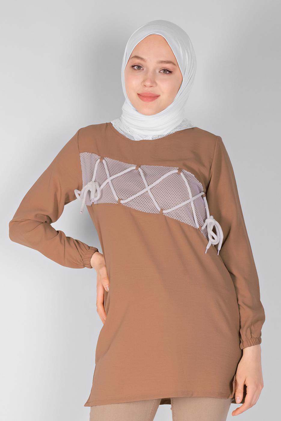 Hijab clothing BROWN MESH AND TIE DETAIL TUNIC 54287