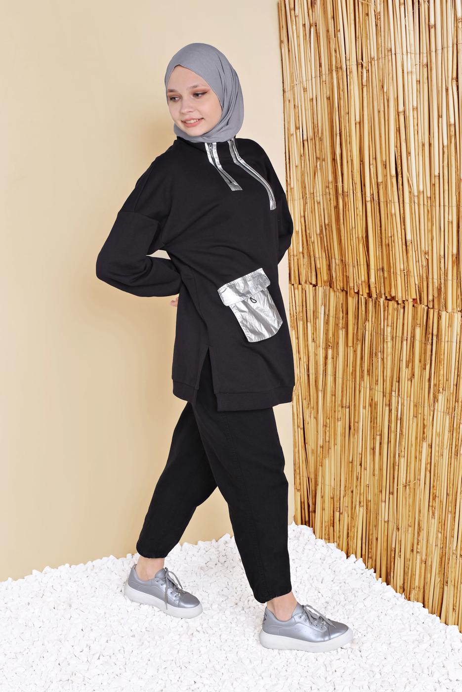 Vêtements hijab NOIR TUNIQUE AVEC POCHE ET FERMETURE ÉCLAIR 58402