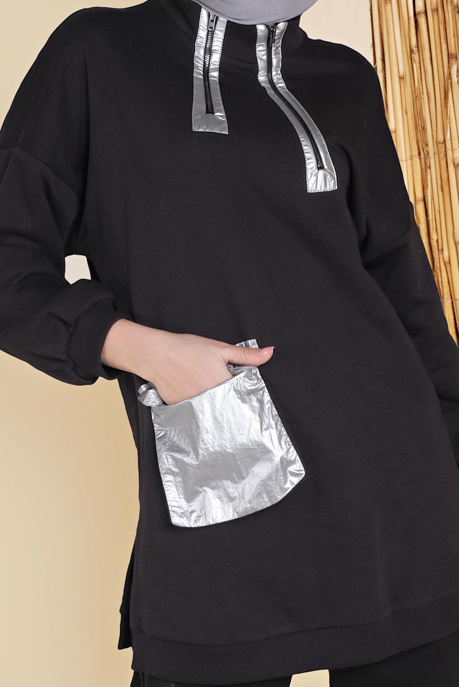 Vêtements hijab NOIR TUNIQUE AVEC POCHE ET FERMETURE ÉCLAIR 58402