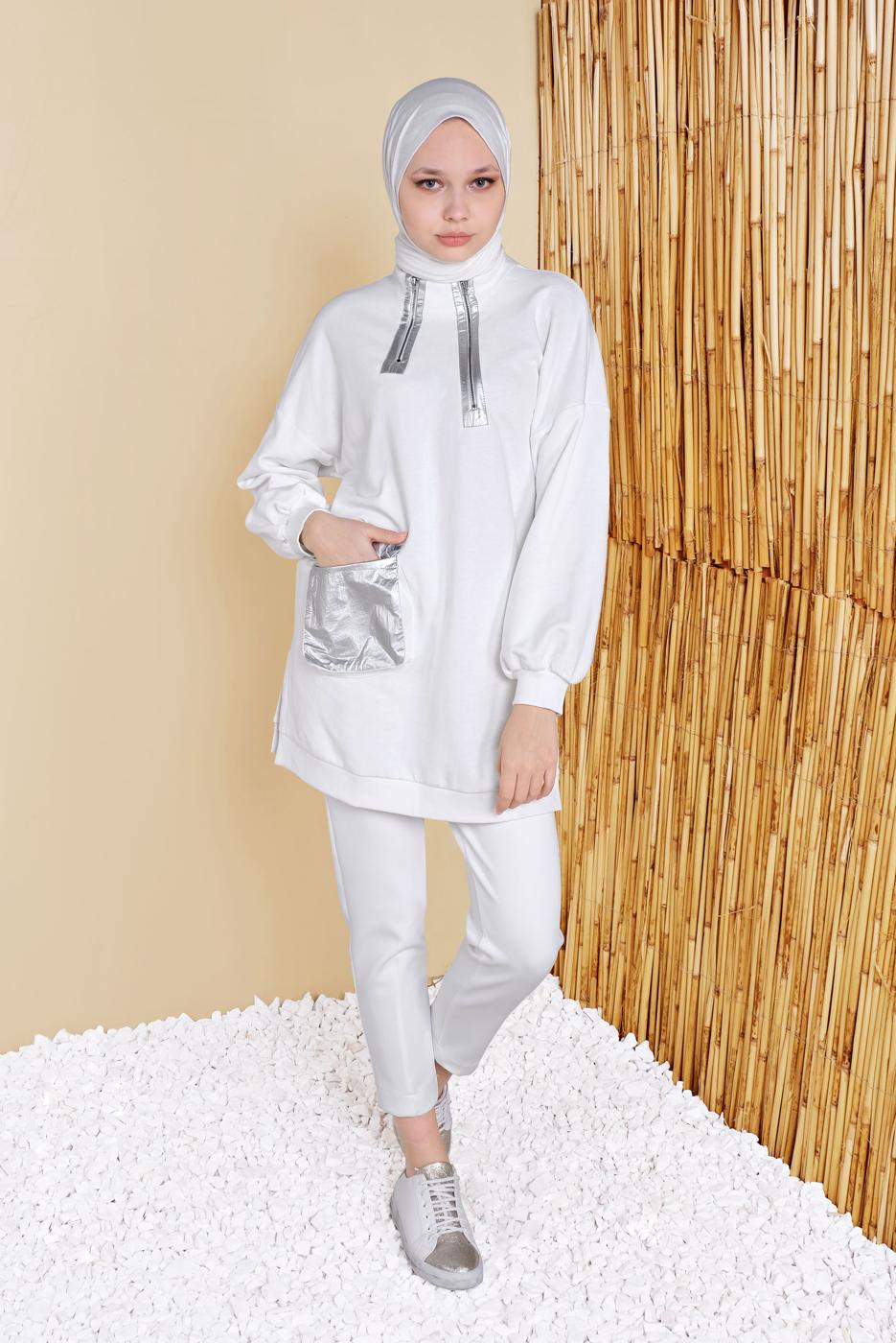 Tesettür giyim BEYAZ CEP VE FERMUAR DETAYLI TUNİK 58402