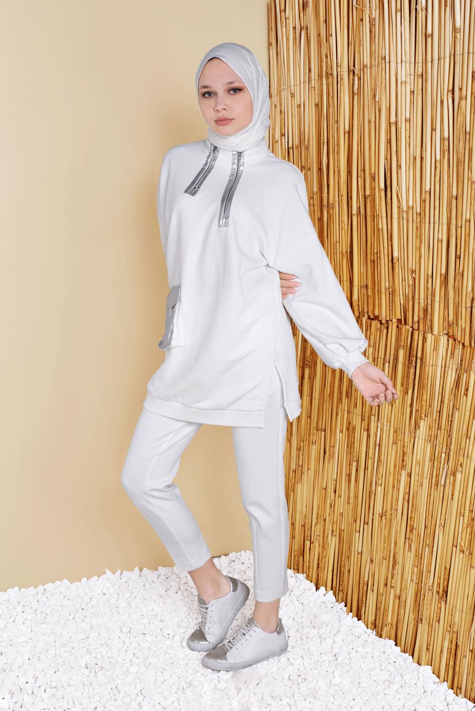 Tesettür giyim BEYAZ CEP VE FERMUAR DETAYLI TUNİK 58402