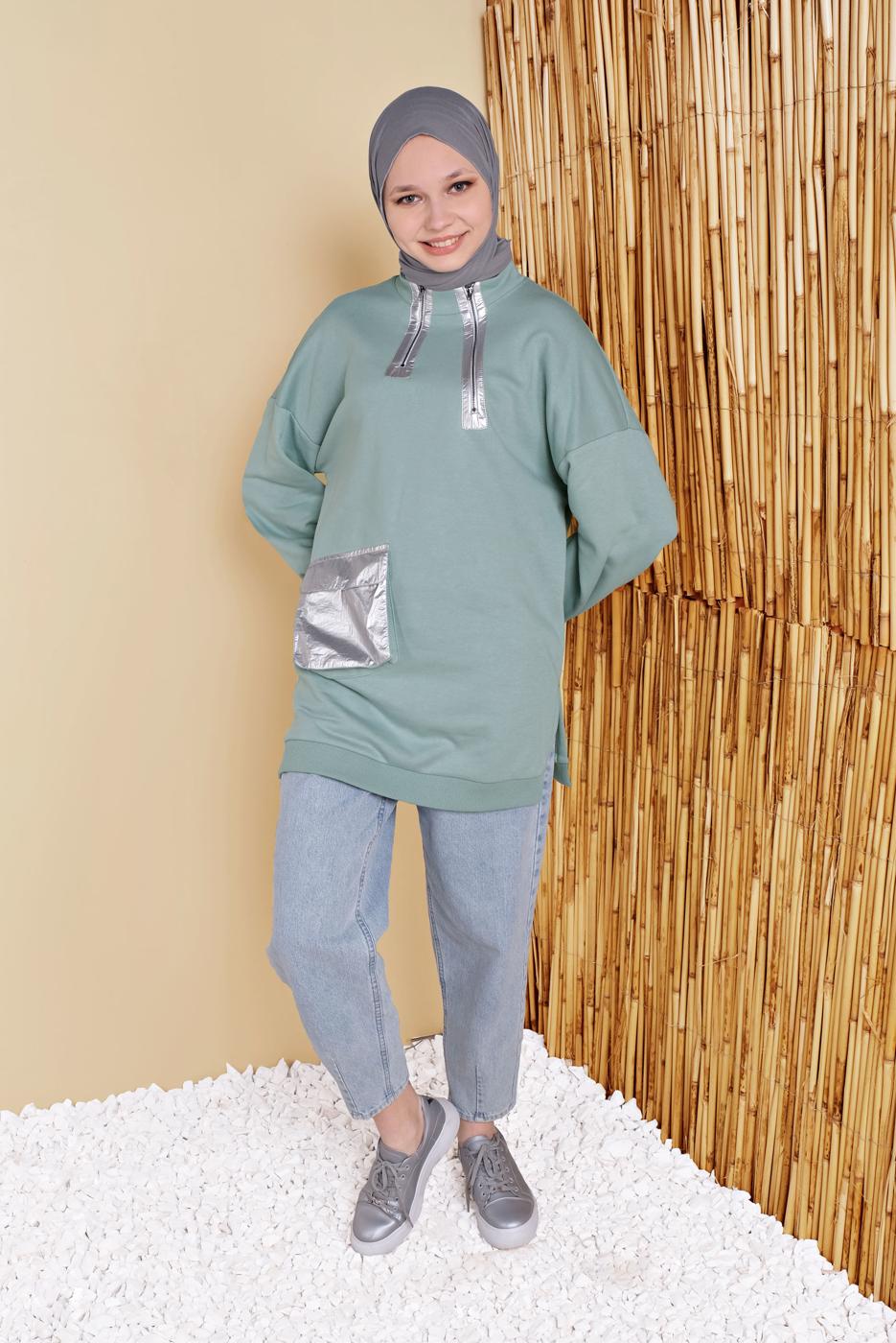 Hijab clothing GREEN POCKET AND ZIPPER DETAIL TUNIC 58402 