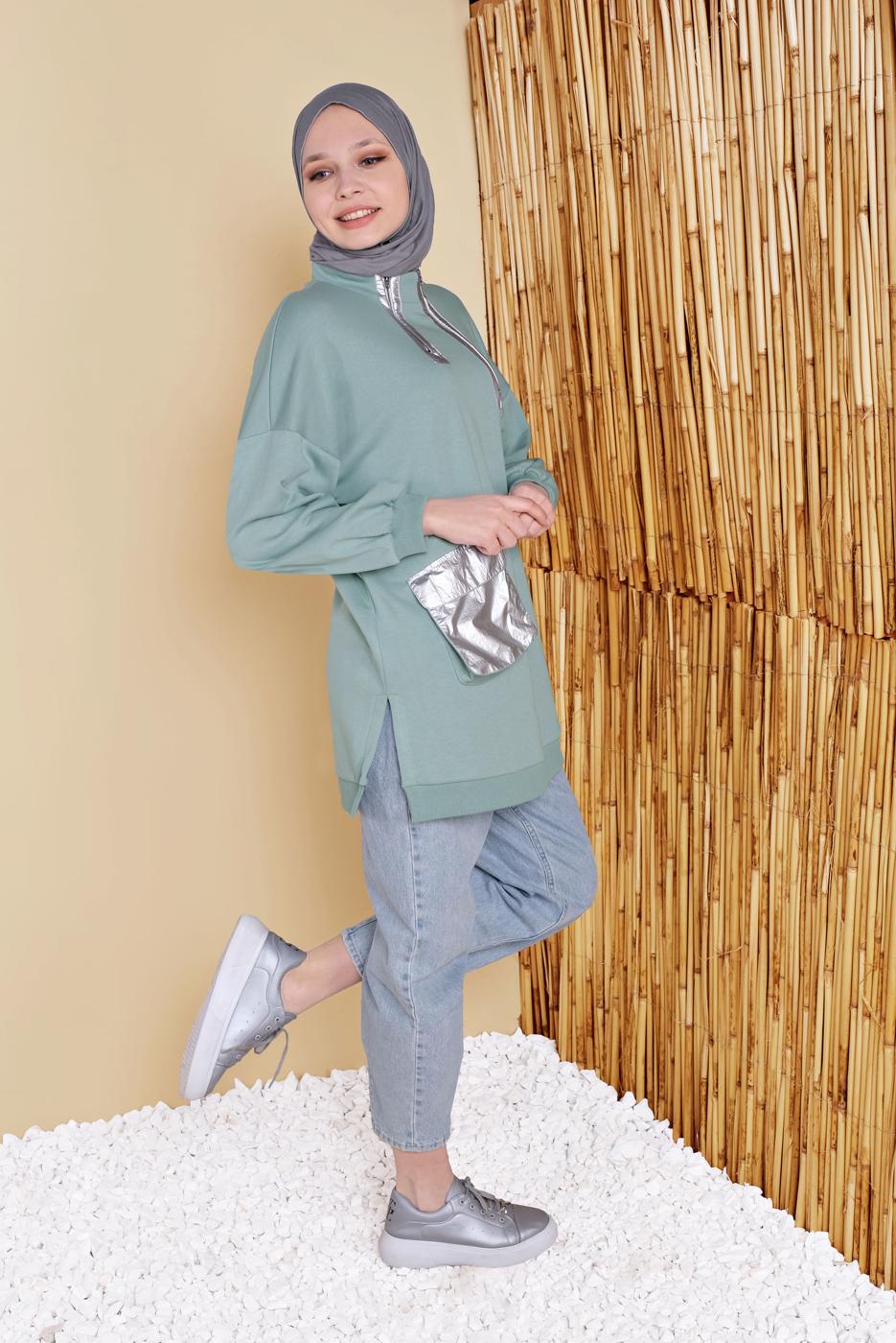 Hijab clothing GREEN POCKET AND ZIPPER DETAIL TUNIC 58402 
