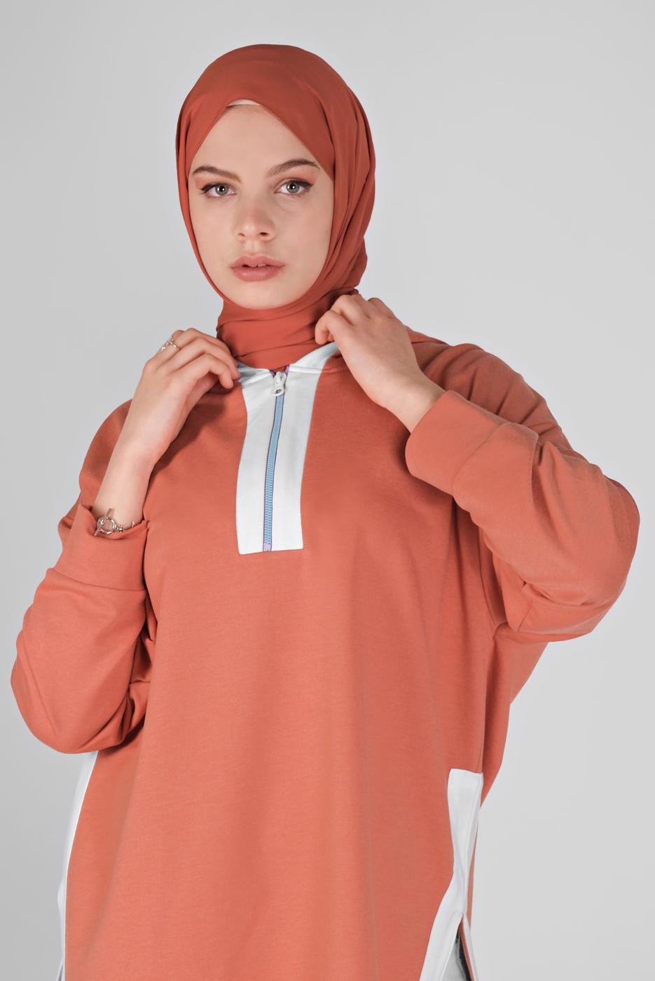 Tesettür giyim TURUNCU FERMUARLI KAPÜŞONLU TUNİK  63012 