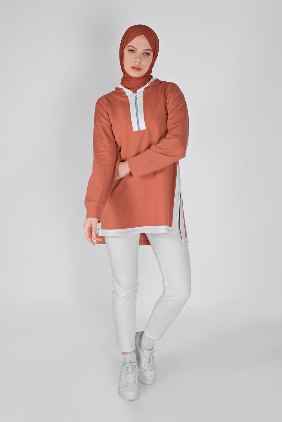 Tesettür giyim TURUNCU FERMUARLI KAPÜŞONLU TUNİK  63012 
