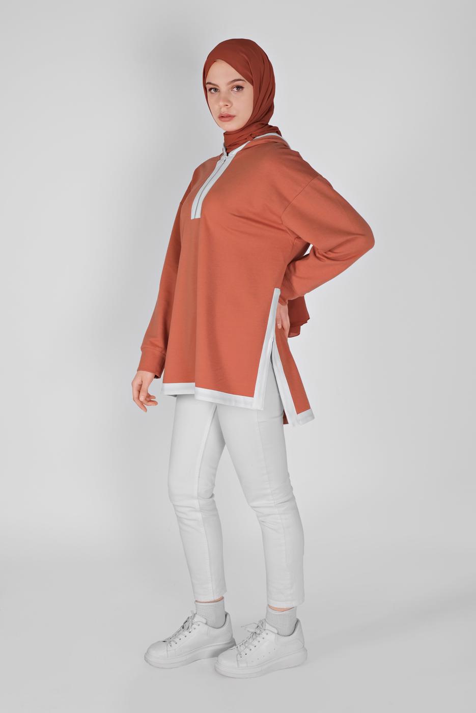 Tesettür giyim TURUNCU FERMUARLI KAPÜŞONLU TUNİK  63012 