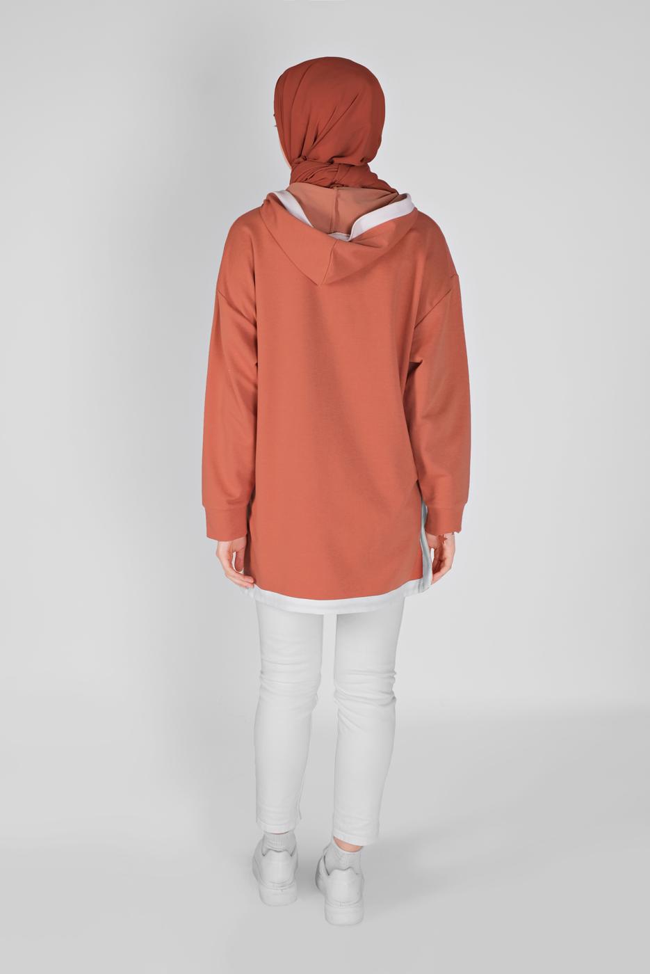 Tesettür giyim TURUNCU FERMUARLI KAPÜŞONLU TUNİK  63012 