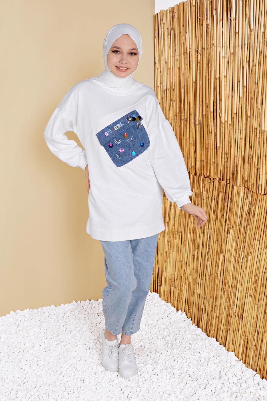 Tesettür giyim BEYAZ İŞLEMELİ CEP AKSESUARLI TUNİK 88402
