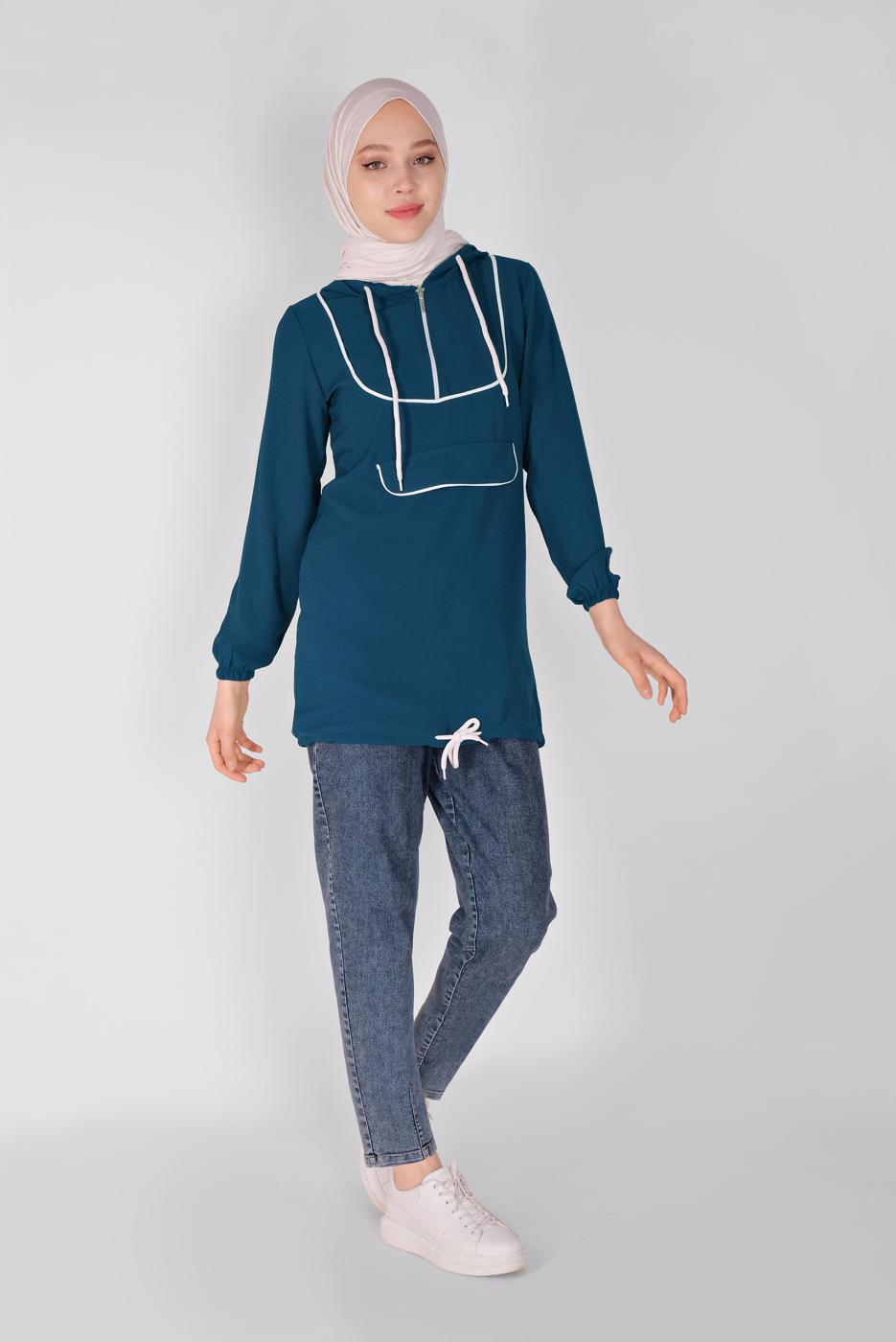 Hijab clothing NAVY BLUE ZIPPERED TIE DETAIL TUNIC 88534 