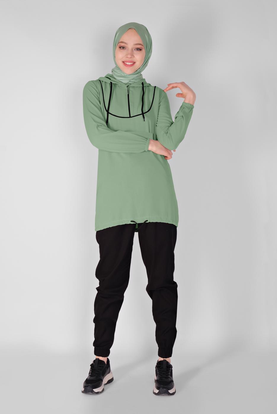 Tesettür giyim YEŞİL FERMUARLI  BAĞCIKLI TUNİK 88534 