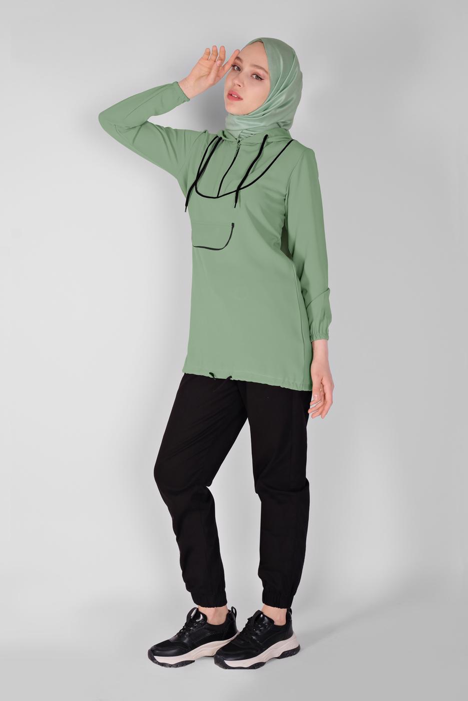 Tesettür giyim YEŞİL FERMUARLI  BAĞCIKLI TUNİK 88534 