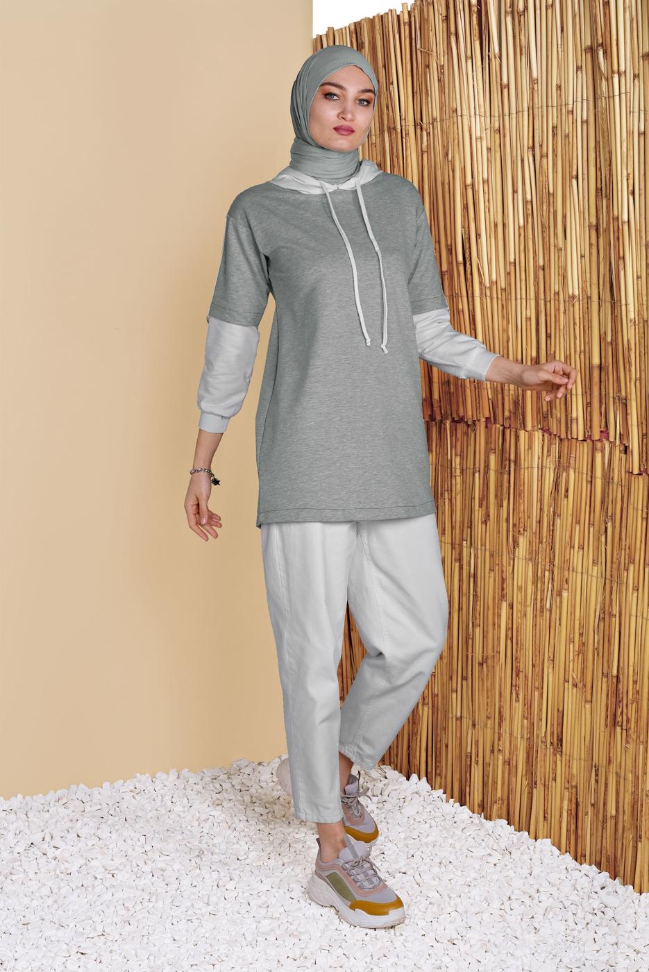 Hijab clothing GREY 2-COLOR HOODED TUNIC 071 