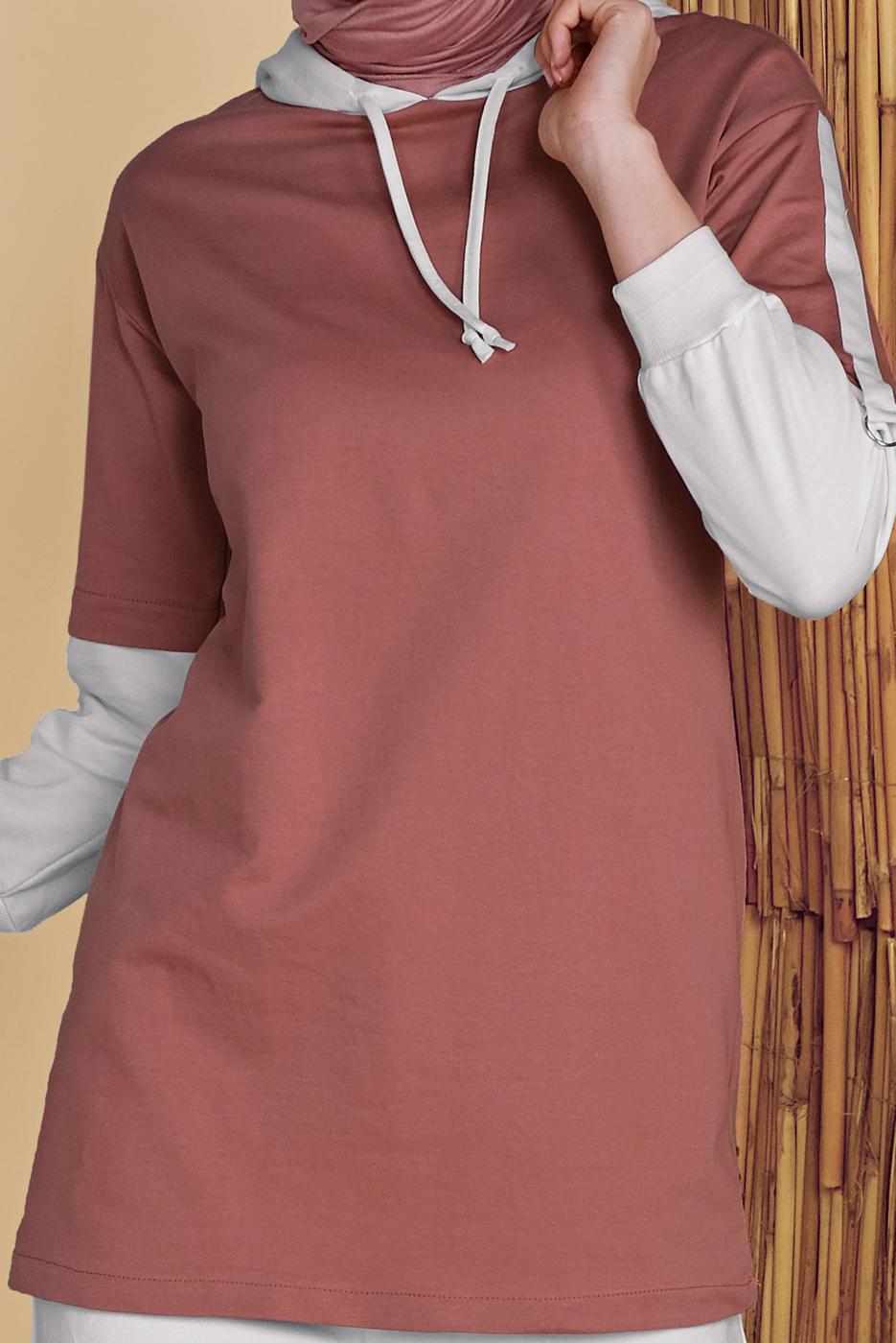 Hijab clothing PINK 2-COLOR HOODED TUNIC 071 