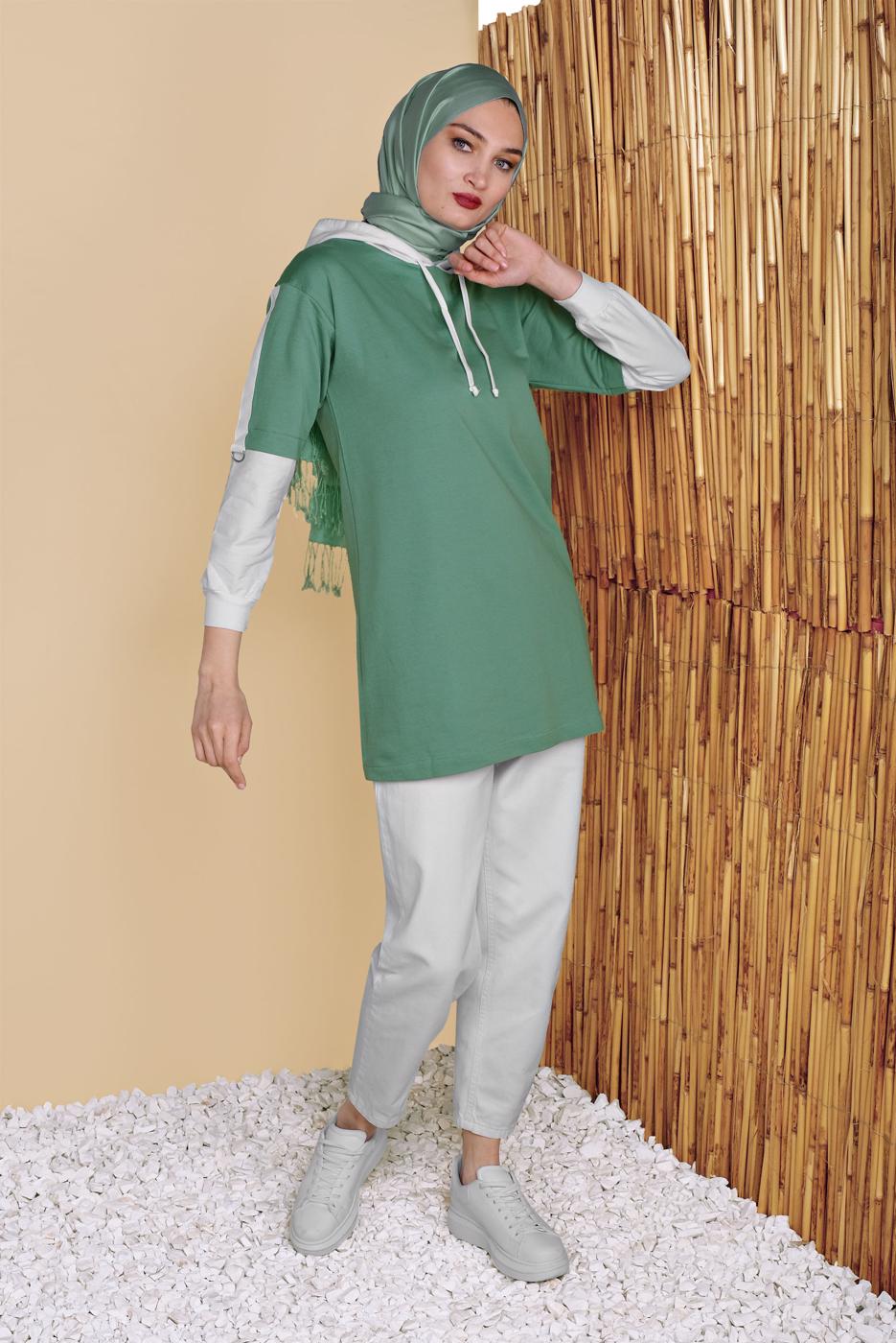 Hijab clothing GREEN 2-COLOR HOODED TUNIC 071 
