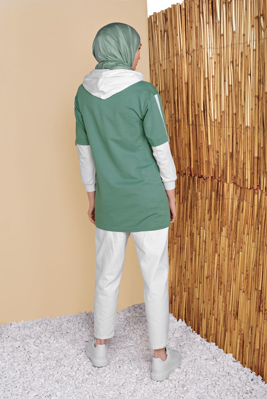 Hijab clothing GREEN 2-COLOR HOODED TUNIC 071 