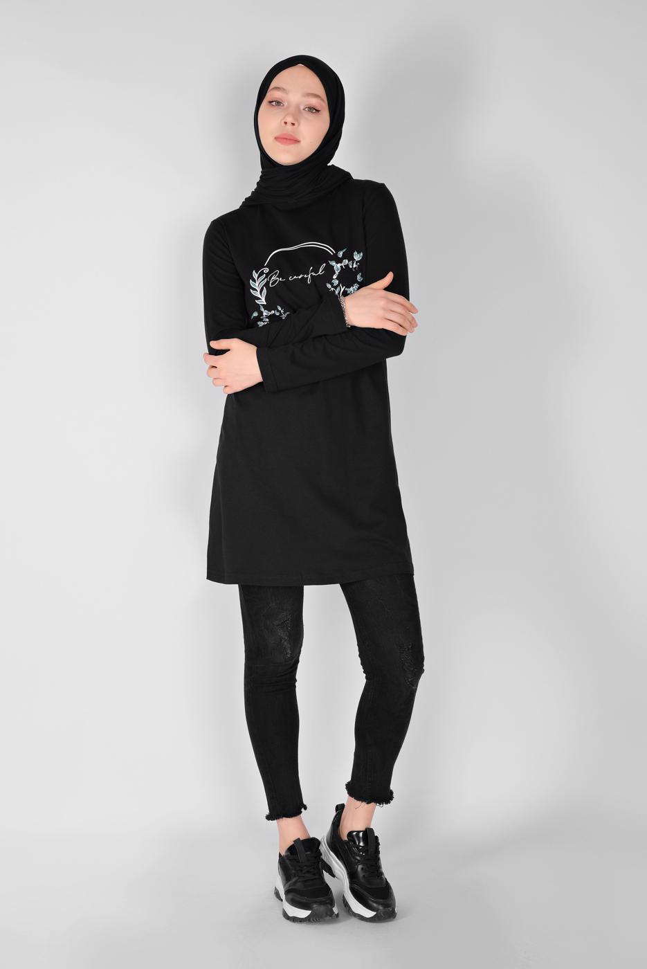 Vêtements hijab NOIR TUNIQUE IMPRIMÉE 0106