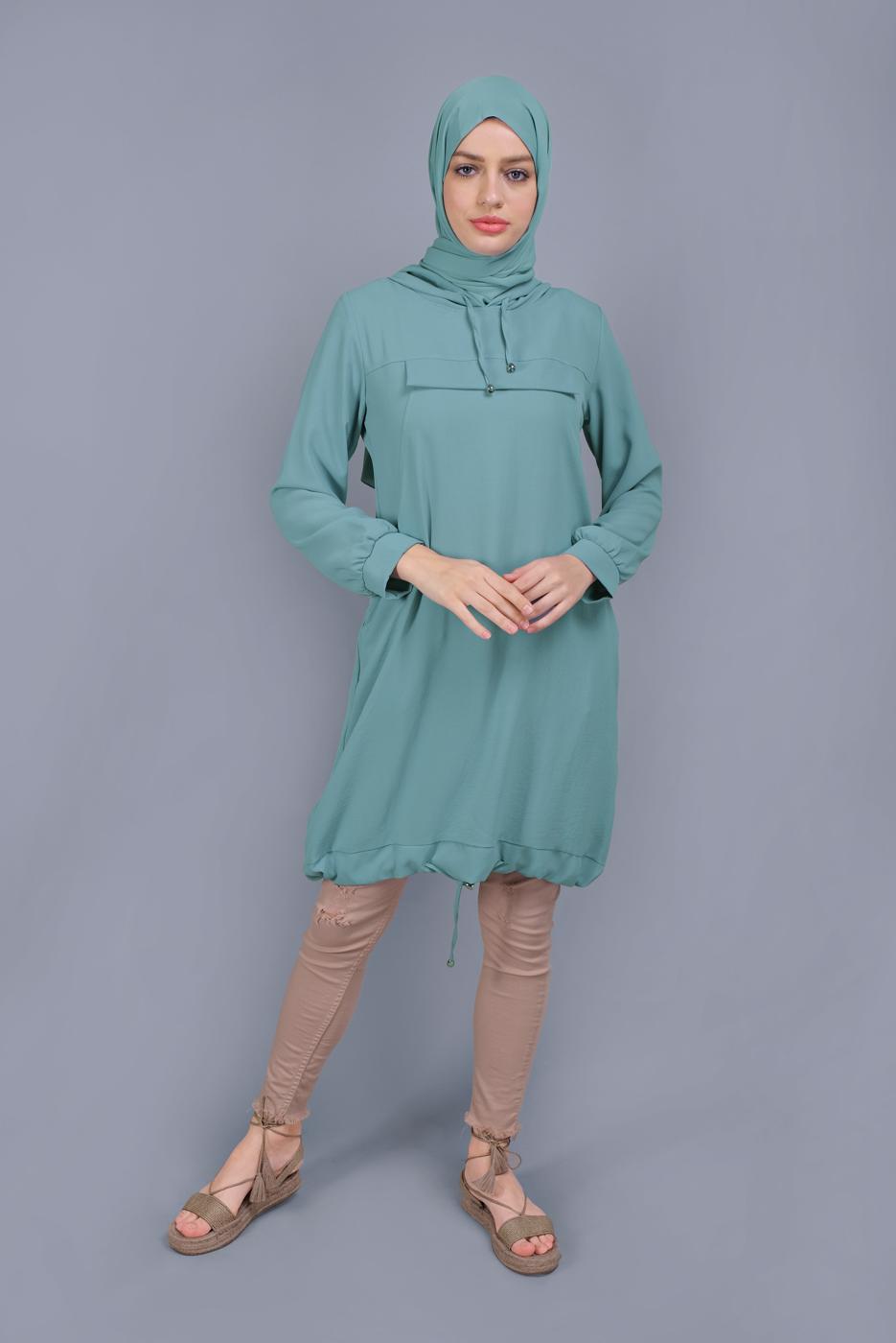 Tesettür giyim MAVİ ETEK UCU BÜZGÜLÜ KAPÜŞONLU TUNİK 0165