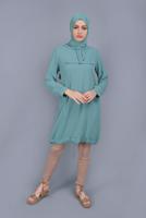 Tesettür giyim MAVİ ETEK UCU BÜZGÜLÜ KAPÜŞONLU TUNİK 0165