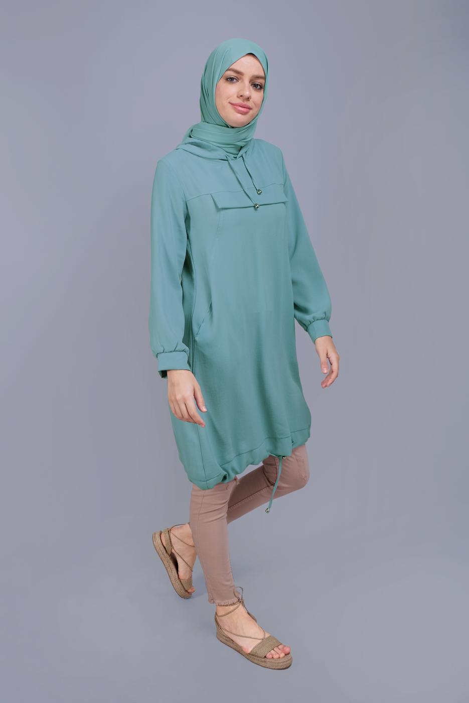 Tesettür giyim MAVİ ETEK UCU BÜZGÜLÜ KAPÜŞONLU TUNİK 0165
