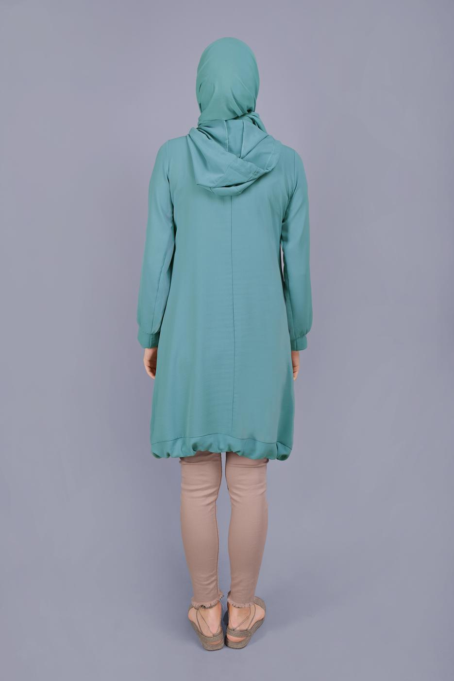 Tesettür giyim MAVİ ETEK UCU BÜZGÜLÜ KAPÜŞONLU TUNİK 0165