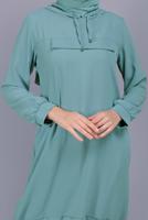 Tesettür giyim MAVİ ETEK UCU BÜZGÜLÜ KAPÜŞONLU TUNİK 0165