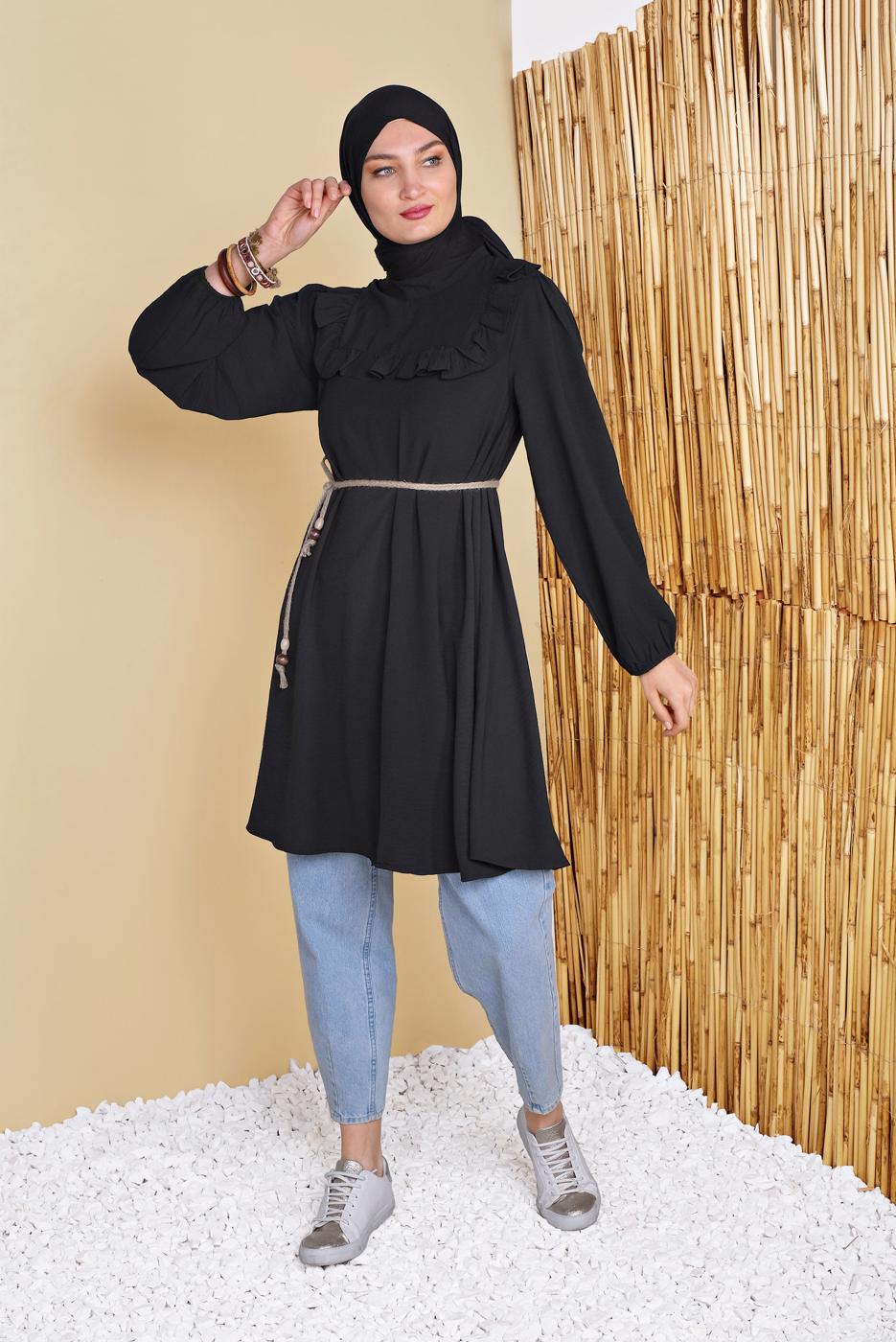 Hijab clothing BLACK JUTE BELT DETAIL FRILLED TUNIC 0281 