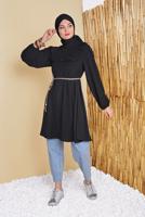 Hijab clothing BLACK JUTE BELT DETAIL FRILLED TUNIC 0281 