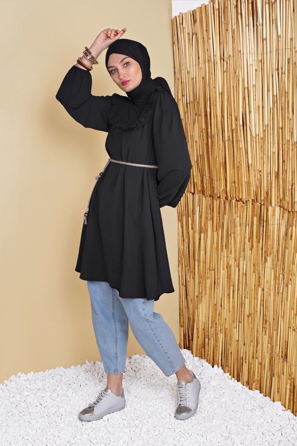 Hijab clothing  JUTE BELT DETAIL FRILLED TUNIC 0281  - TRENDTESETTÜR