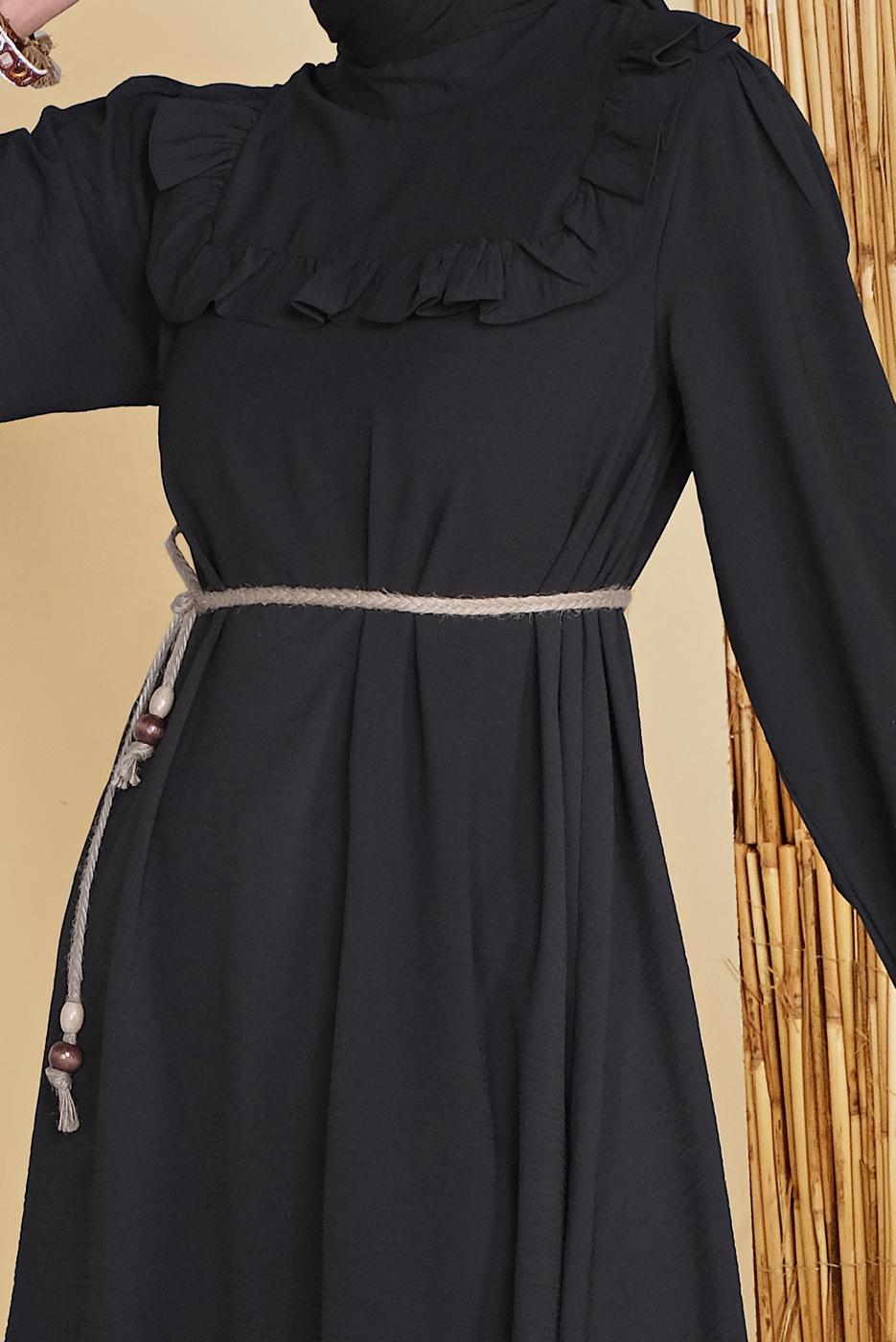 Hijab clothing BLACK JUTE BELT DETAIL FRILLED TUNIC 0281 