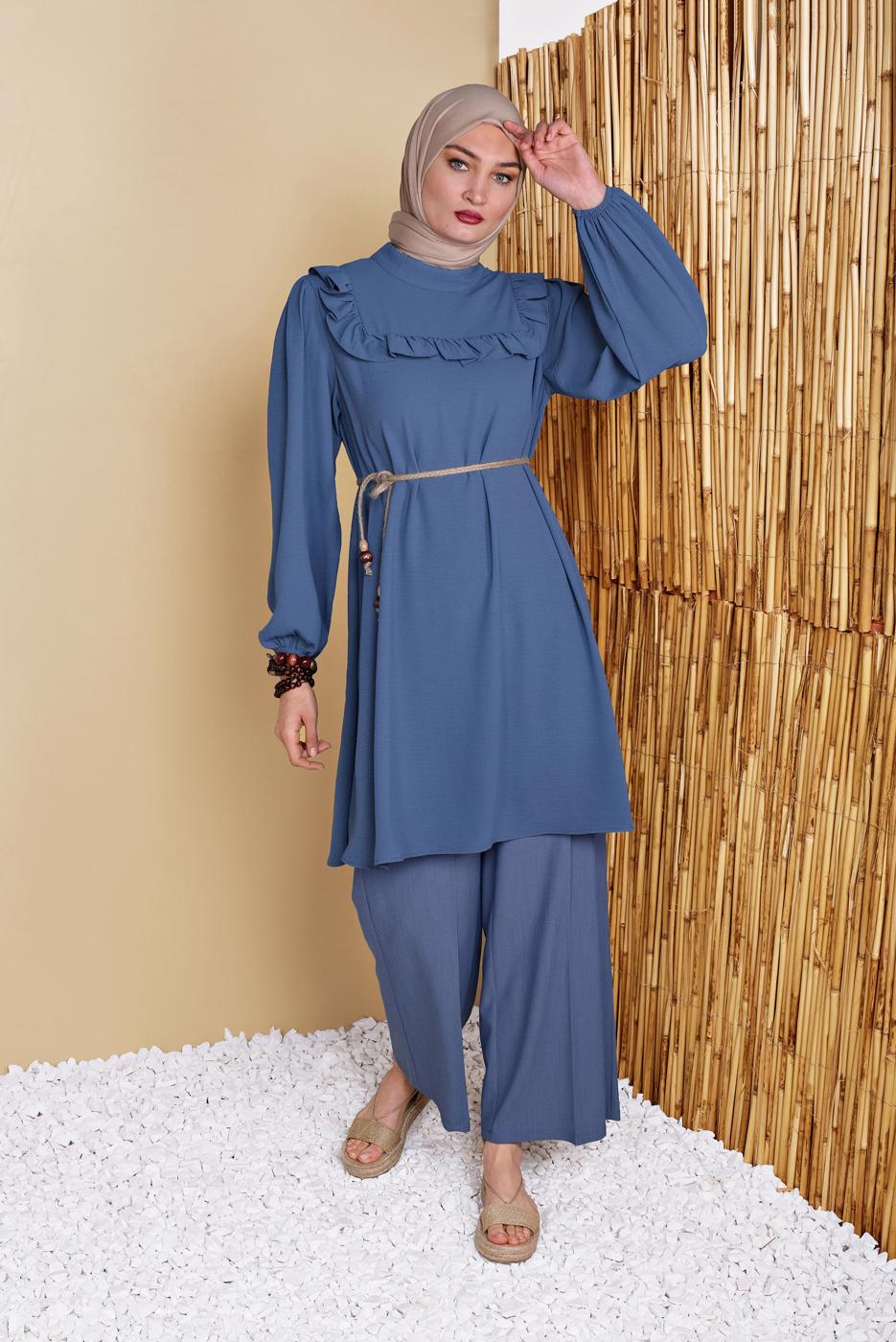 Hijab clothing NAVY BLUE JUTE BELT DETAIL FRILLED TUNIC 0281 