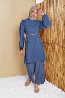 Hijab clothing NAVY BLUE JUTE BELT DETAIL FRILLED TUNIC 0281 