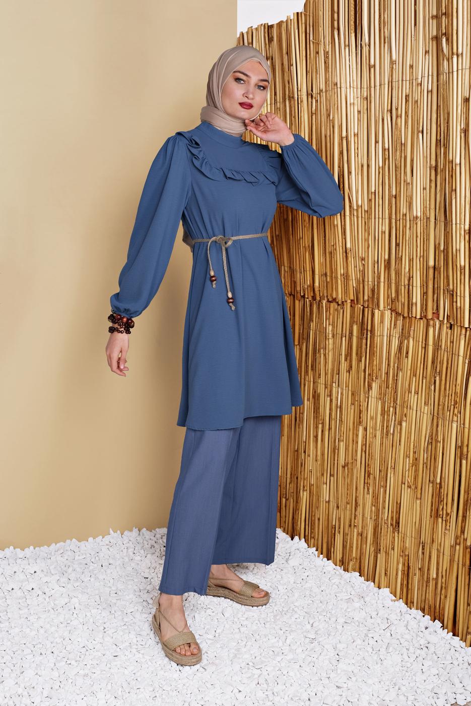 Hijab clothing NAVY BLUE JUTE BELT DETAIL FRILLED TUNIC 0281 