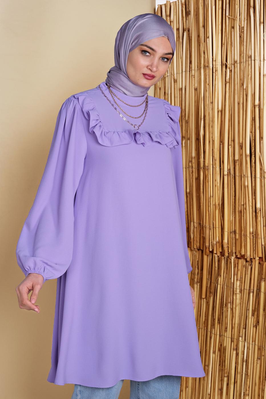 Hijab clothing PURPLE JUTE BELT DETAIL FRILLED TUNIC 0281 