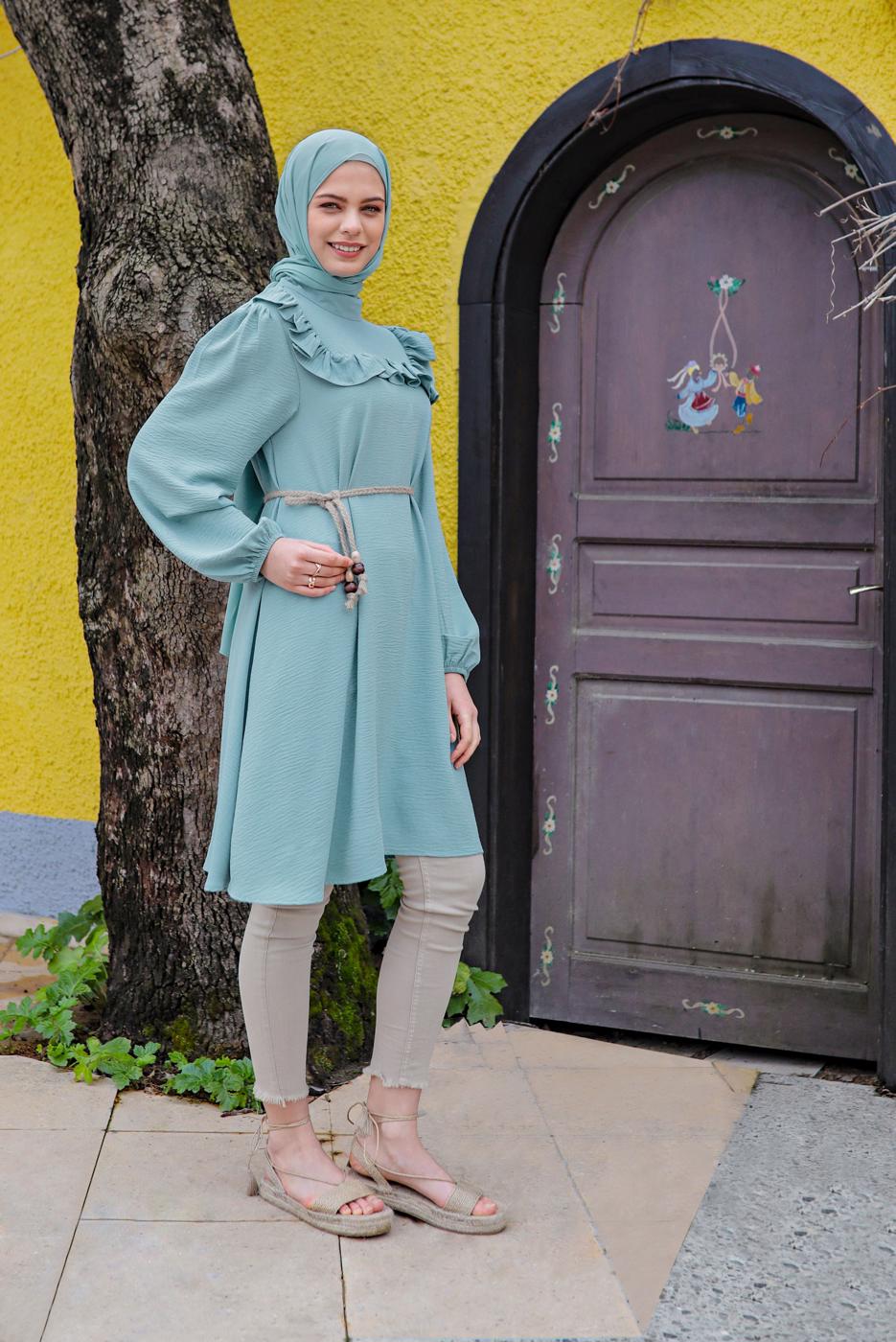 Hijab clothing GREEN JUTE BELT DETAIL FRILLED TUNIC 0281 