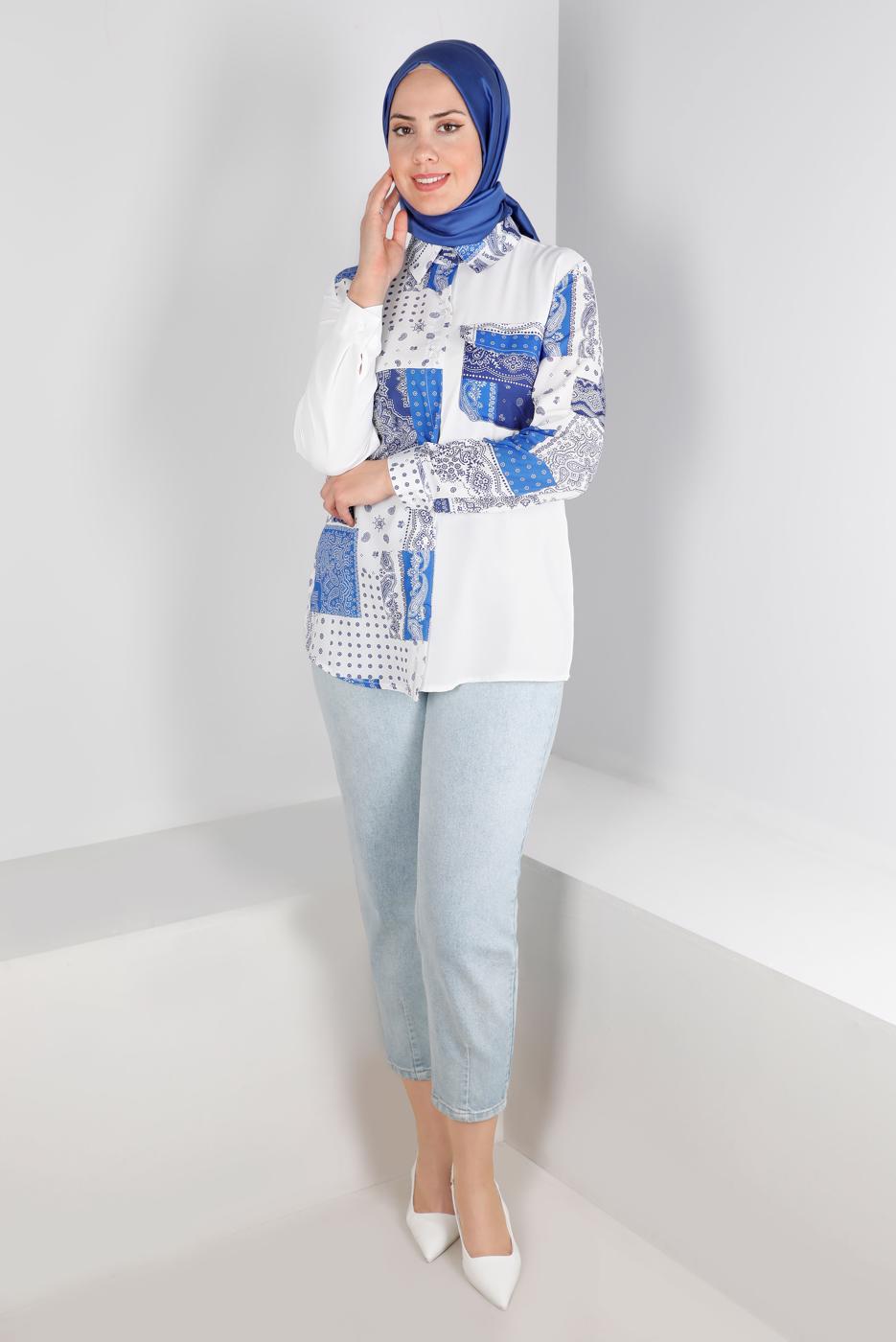 Vêtements hijab BLANC TUNIQUE MOTIF ETHNIQUE T 342