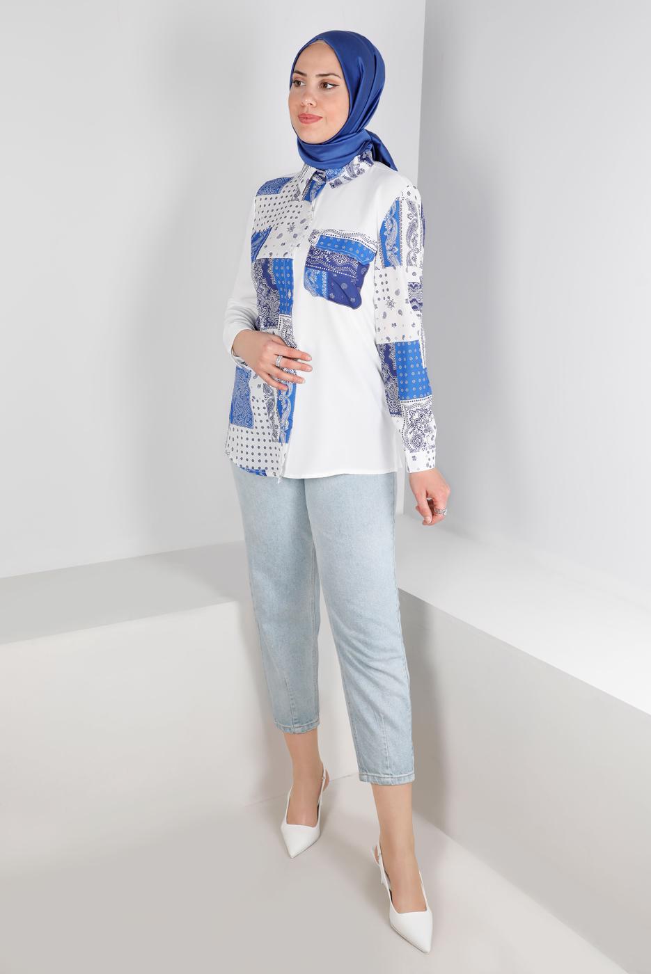 Vêtements hijab BLANC TUNIQUE MOTIF ETHNIQUE T 342